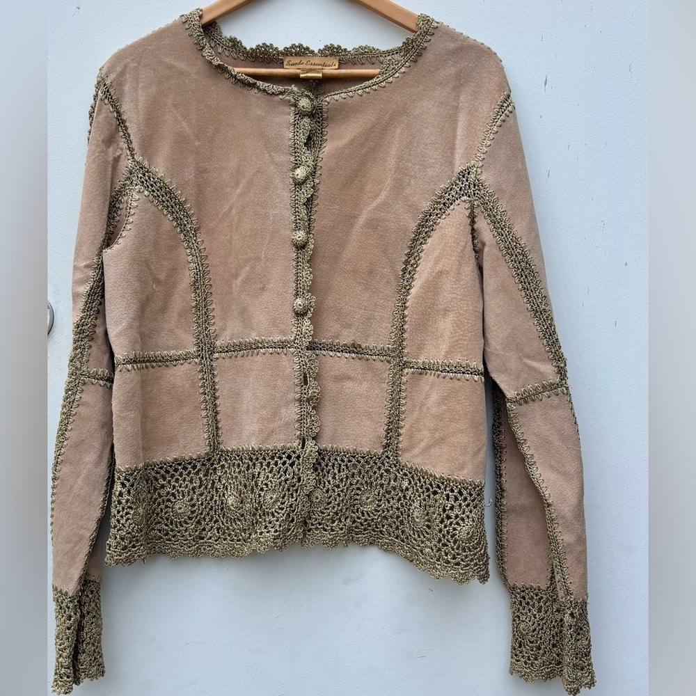 Vintage leather brown leather crochet patchwork jacket with trim - Picture 2 of 5